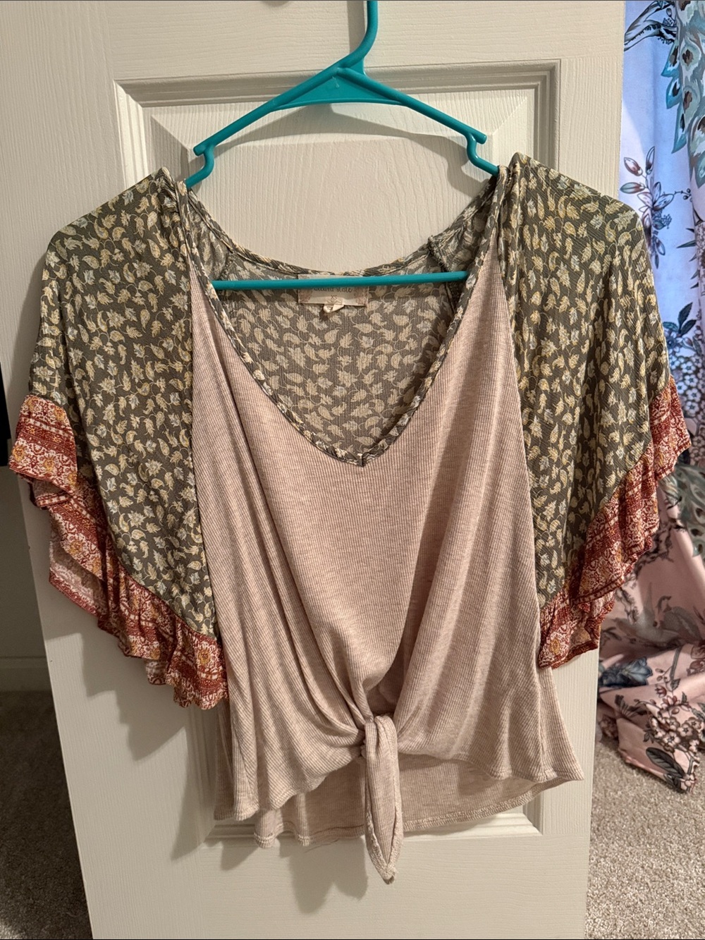 Altar'd State Blush Pink Tie-Front Top with Patterned Kimono Sleeves